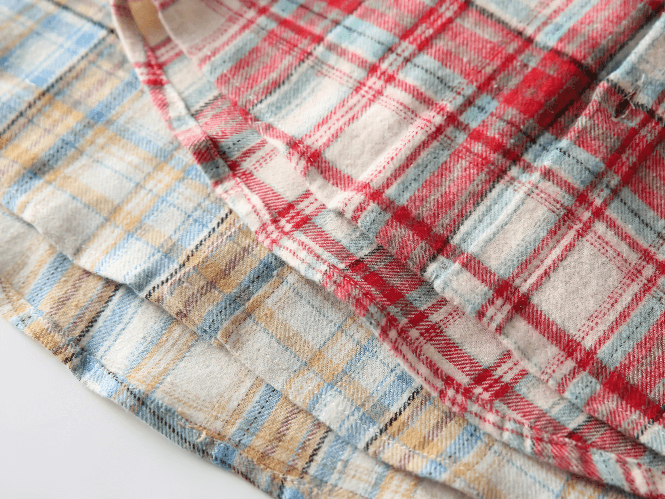 Close-up of colorful fabric pattern on Plaid Long-Sleeved Button-Down Shirt for Kids - SF3523, showcasing soft flannel texture.